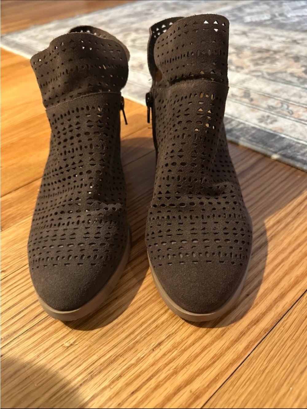 Crown Vintage Perforated Suede Ankle Booties - Dark Brown 8 1/2
